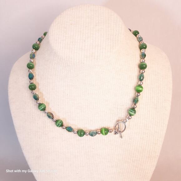 Sparkly Beaded Choker Necklace Green Tigers Eye Silver Tone Spacers With Toggle - Picture 1 of 7